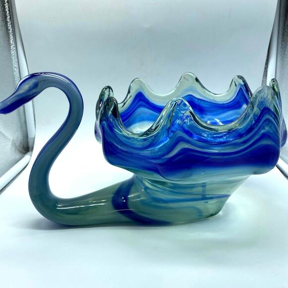 Unbranded Other - Vintage Art Glass Sooner Blue Swirl Murano Style Hand Blown Swan Bowl‎ Dish